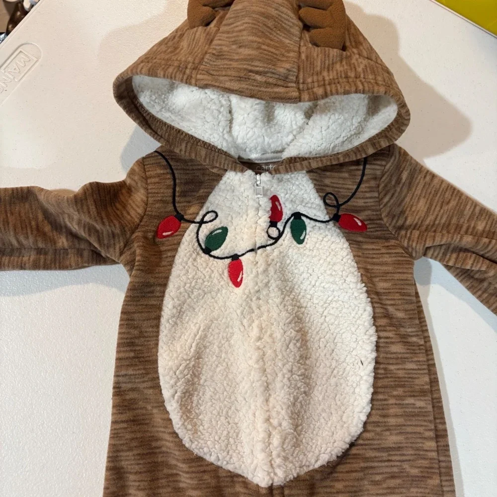 Carters Baby Reindeer Fleece Hooded Jumpsuit‎ Brown Christmas Pajamas 6M NWT